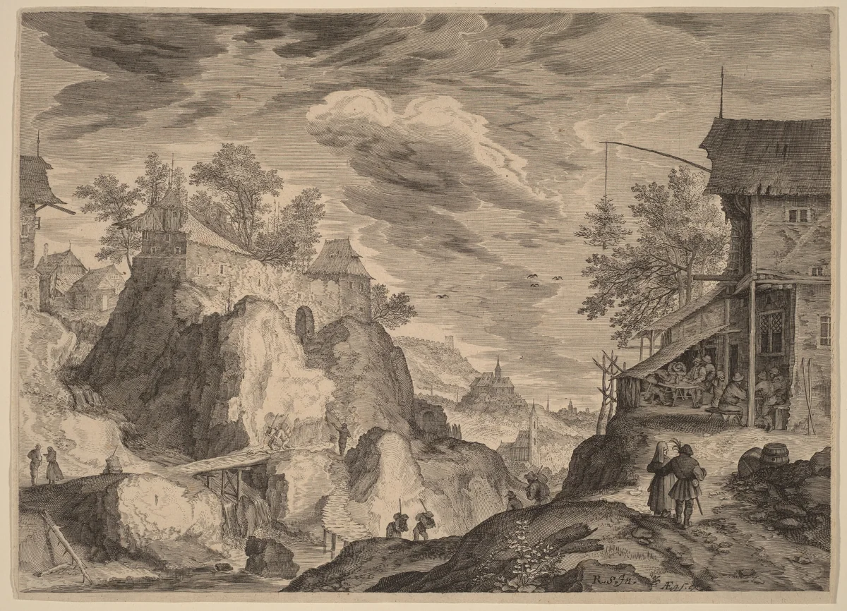 Landscape with an Inn to the Right and House on Rocks to the Left by Aegidius Sadeler Roelandt Savery, print, 1609