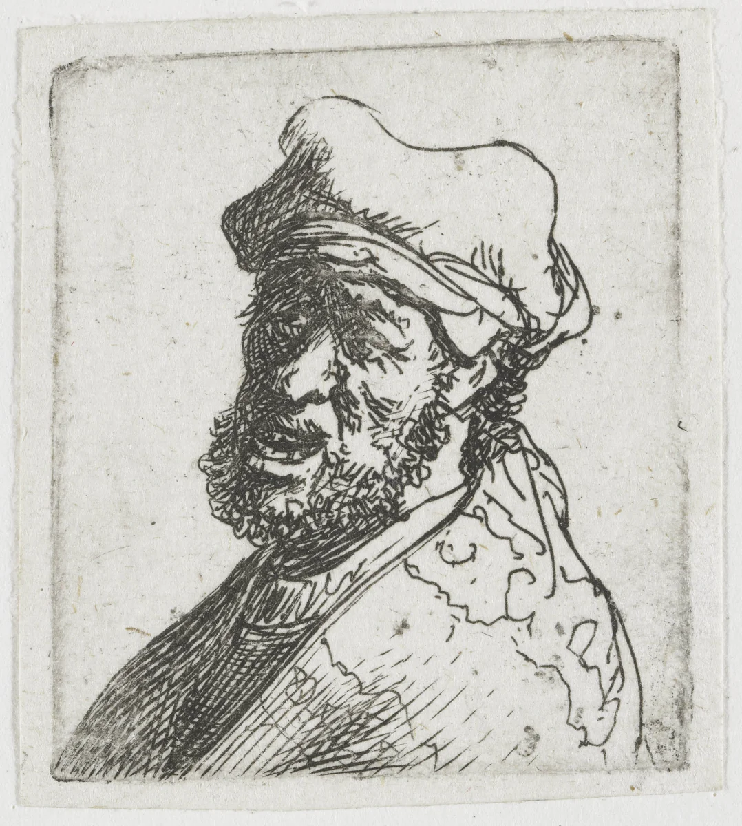 Sheet of studies of men's heads: man crying out, three quarters left: bust by Rembrandt van Rijn, print, 1629