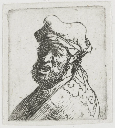 Sheet of studies of men's heads: man crying out, three quarters left: bust by Rembrandt van Rijn, print, 1629
