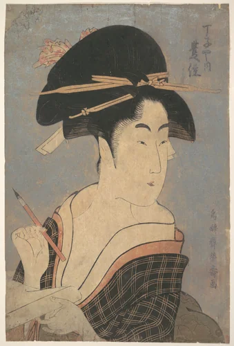 Portrait of Toyozumi of Chojiya House, Writing a Letter by Eiju, print, 1789-1801