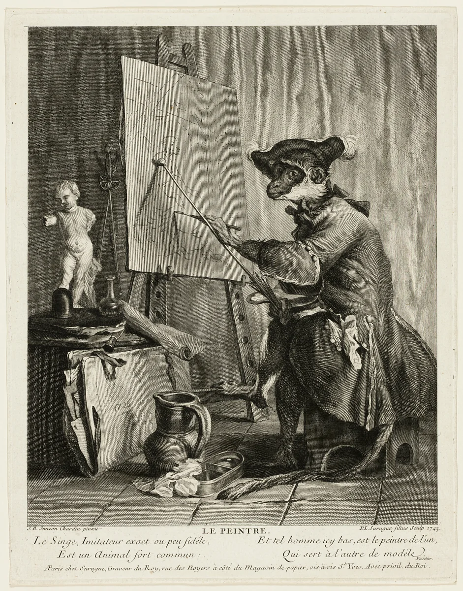 The Monkey Painter by Jean Baptiste Siméon Chardin, print, 1743