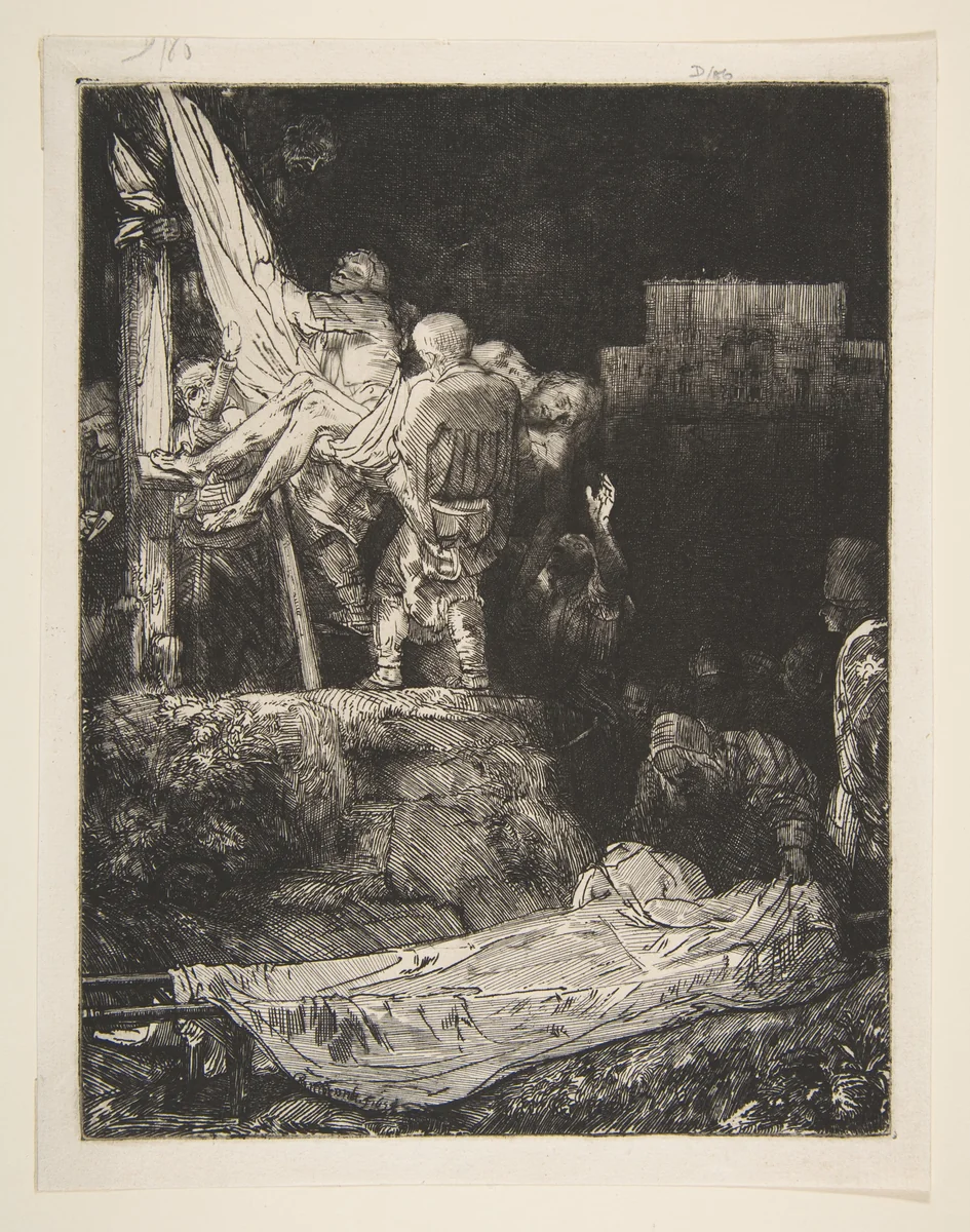 Descent from the Cross by Torchlight by Rembrandt van Rijn, print, 1654