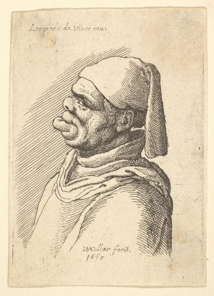 Bust of a deformed man with a hat and a fat, protruding lower lip in profile to left by Wenceslaus Hollar, print, 1665