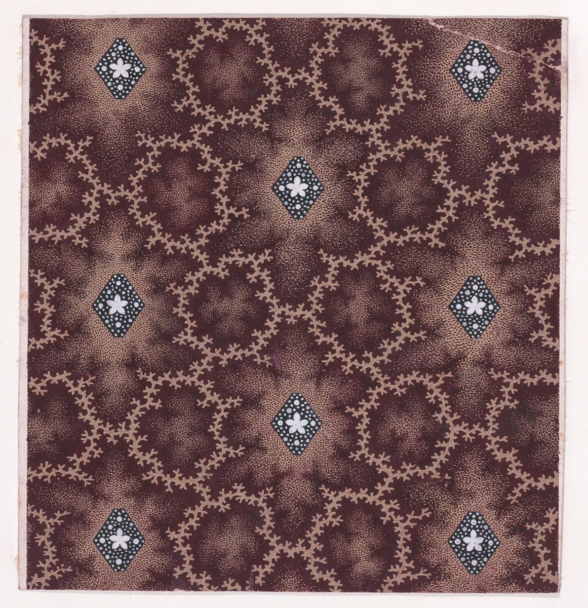 Textile Design with Alternating Vertical Rows of Lozenges Decorated with Rosettes and Pearls Framed by Interlacing Garlands of Branches by anonymous, drawing, 1840