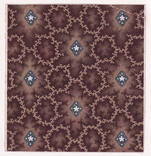 Textile Design with Alternating Vertical Rows of Lozenges Decorated with Rosettes and Pearls Framed by Interlacing Garlands of Branches by anonymous, drawing, 1840