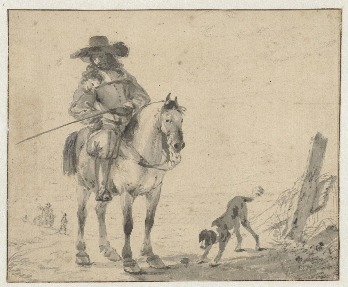 Ruiter met een hond by Dirk Stoop, drawing, 1628-1681