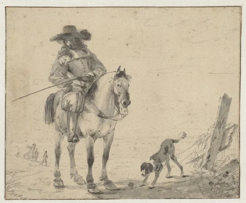 Ruiter met een hond by Dirk Stoop, drawing, 1628-1681