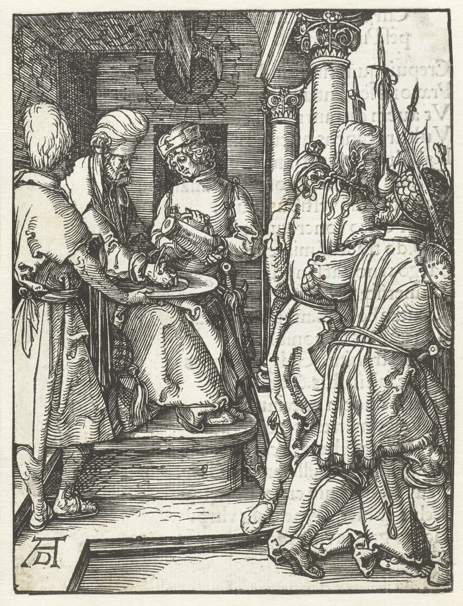 Pilatus wast zijn handen in onschuld by Unknown, print, 1509