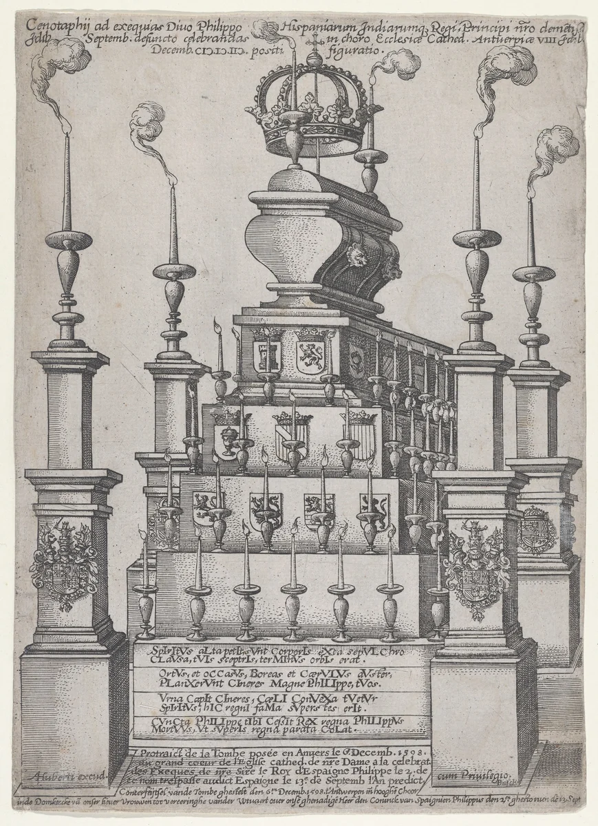 Catafalque of Philip II, King of Spain, in Antwerp Cathedral, December 8, 1598 by anonymous, print, 1598