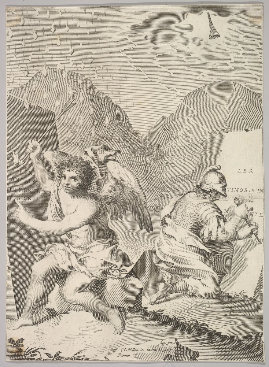An Angel and a Soldier Inscribe Stone Slabs by Claude Mellan, print, 1624-1636