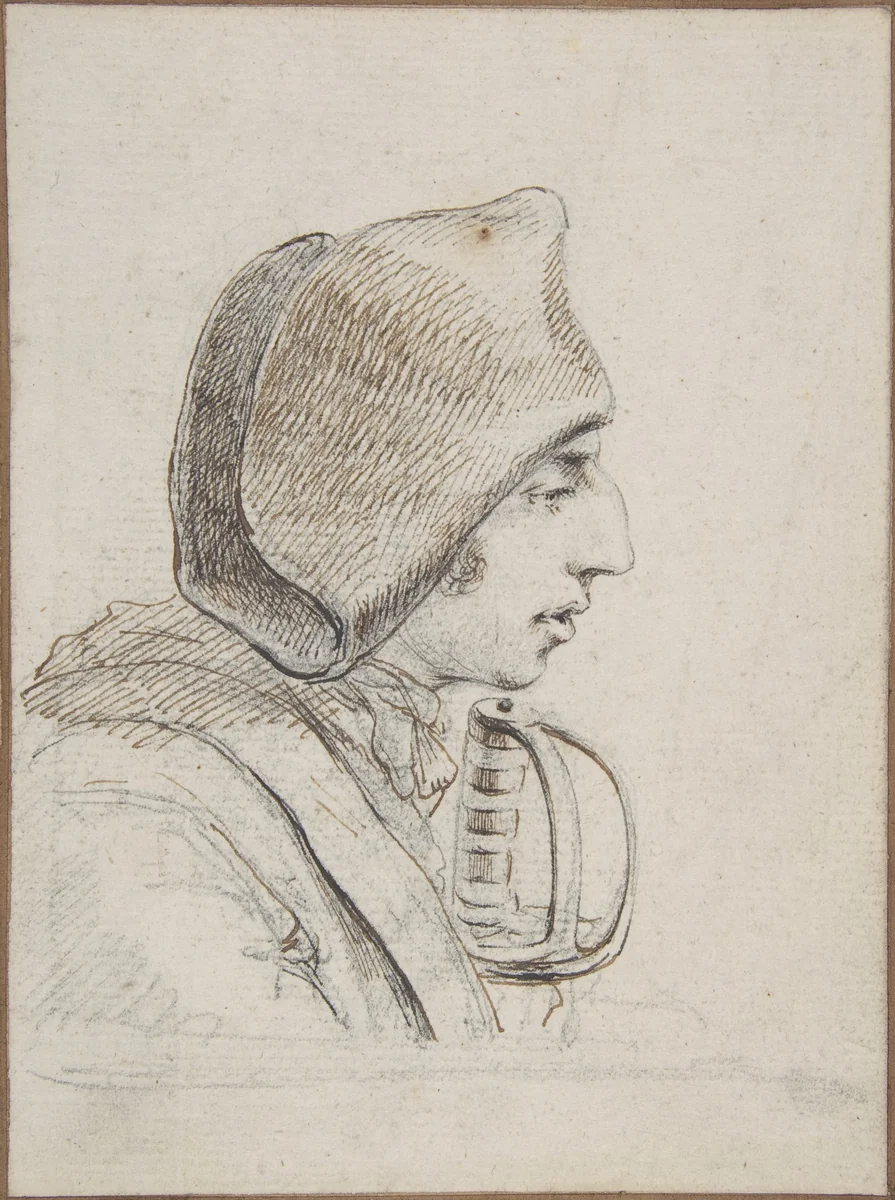 Head of a soldier in profile, with a sword handle by Dominique Vivant Denon, drawing, 1789-1799