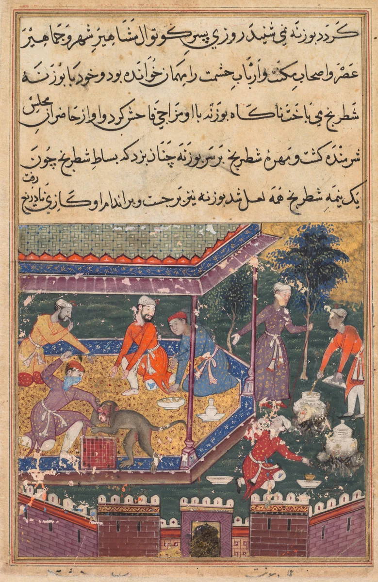 The wounded monkey bites the hand of the prince, his chessmate, in the presence of guests, from a Tuti-nama (Tales of a Parrot): Fifth Night by Dasavanta, painting, 1555-1565