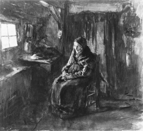 Dutch Interior with Figure of Old Woman by Albert Neuhuys, drawing, 1860-1914