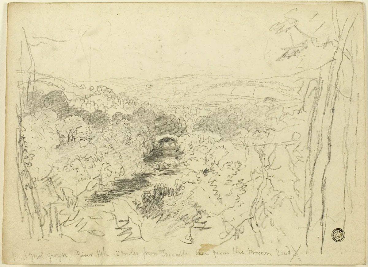 Pont Pwl Gwyn, River Usk by David Cox, drawing, 1803-1859