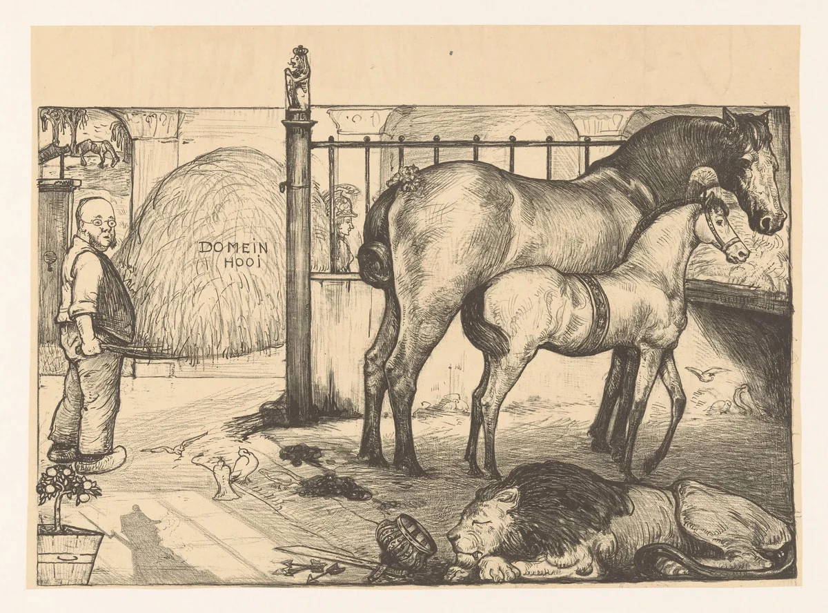 Twee paarden bij een hooiruif in een stal by Richard Nicolaüs Roland Holst, print, 1899
