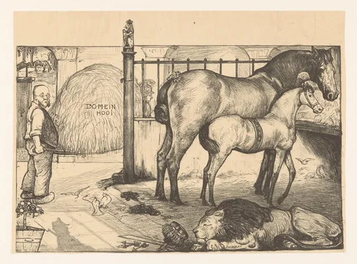 Twee paarden bij een hooiruif in een stal by Richard Nicolaüs Roland Holst, print, 1899