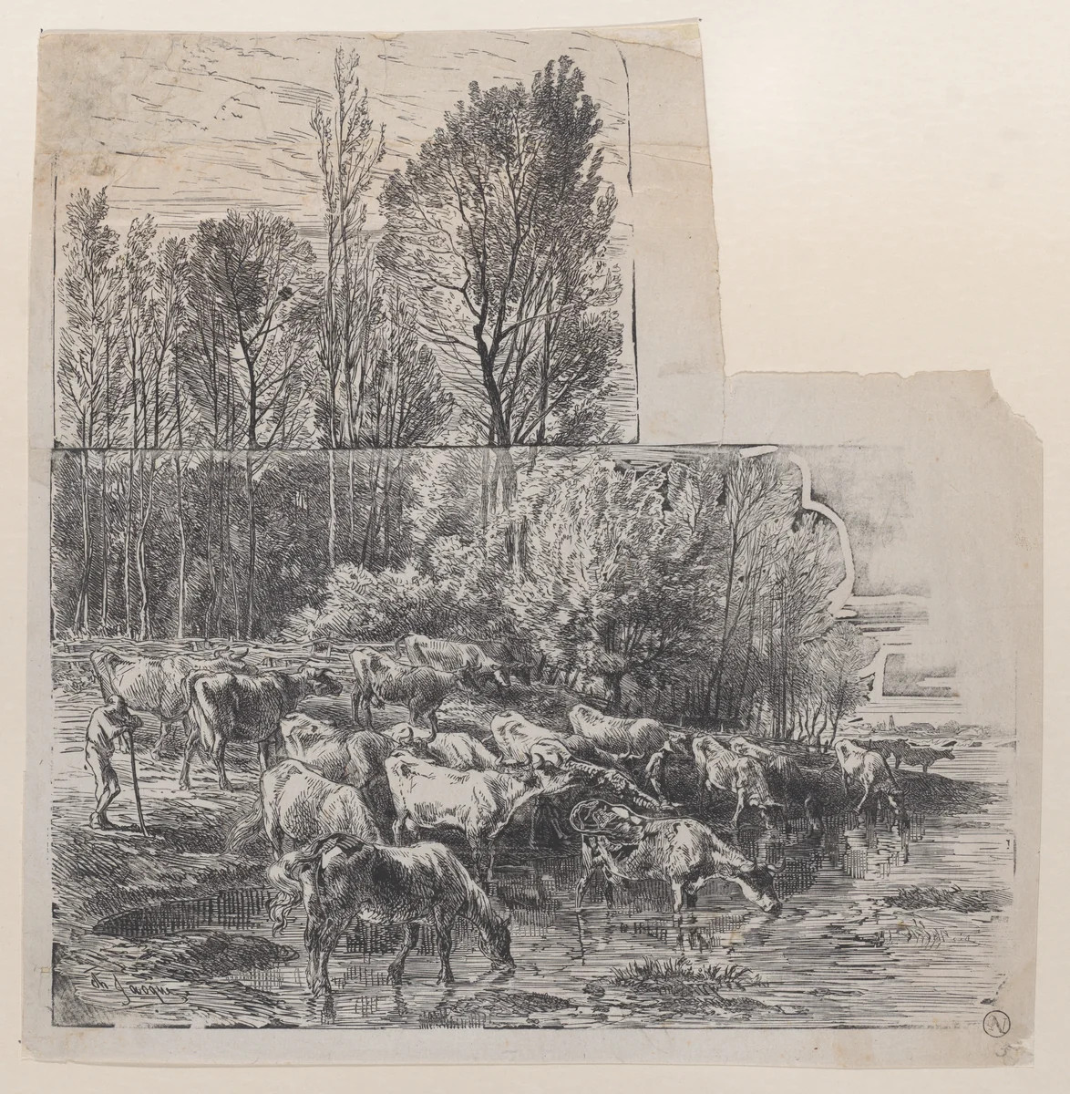 Herdsman and Cattle at Ford by Charles Jacque, print, 1845-1855
