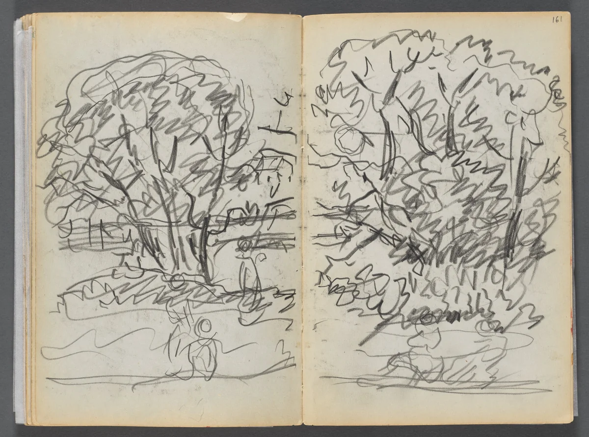 Sketchbook- The Granite Shore Hotel, Rockport, page 160 & 161: Landscape with Figures by Maurice Prendergast, book, 1905-1910