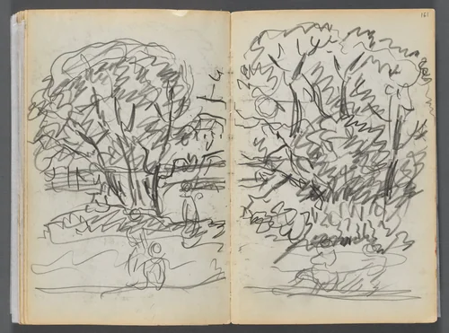 Sketchbook- The Granite Shore Hotel, Rockport, page 160 & 161: Landscape with Figures by Maurice Prendergast, book, 1905-1910