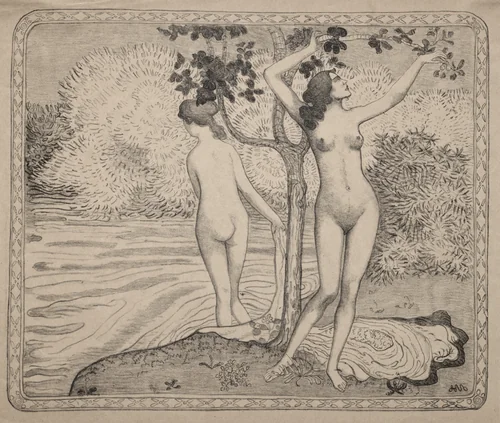 Two Bathers under a Tree at the Water's Edge by Aristide Maillol, print, 1895