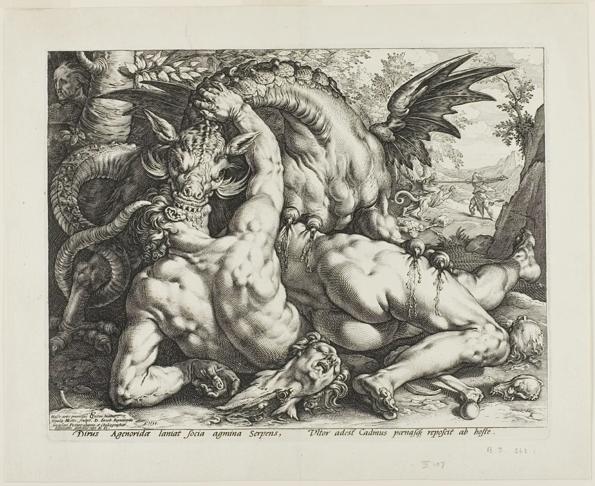 The Dragon Devouring the Companions of Cadmus by Hendrick Goltzius, print, 1588