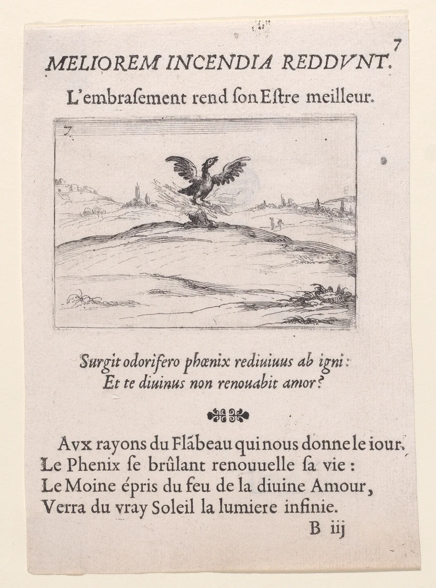 Le Phénix se Brulant (The Phoenix is Burning), plate 7 from "Lux Claustri ou La Lumière du Cloitre" (The Light of the Cloisters) by Jacques Callot, print, 1621-1635