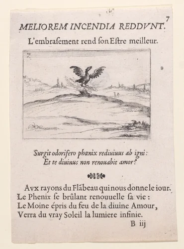 Le Phénix se Brulant (The Phoenix is Burning), plate 7 from "Lux Claustri ou La Lumière du Cloitre" (The Light of the Cloisters) by Jacques Callot, print, 1621-1635