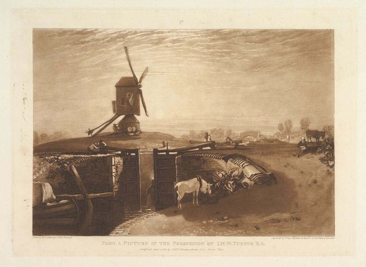 Windmill and Lock, part VI, plate 27 from "Liber Studiorum" by Joseph Turner, print, 1811