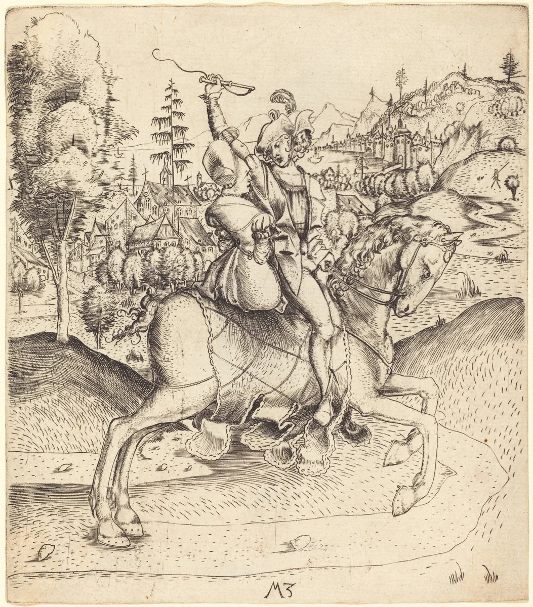 Knight and Lady on Horseback by Master MZ, print, 1500