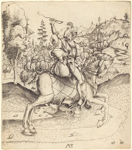 Knight and Lady on Horseback by Master MZ, print, 1500