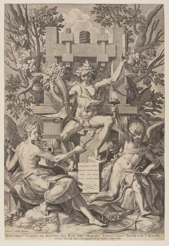 Bacchus Seated on a Barrel by Jan Sadeler I, print, 1590