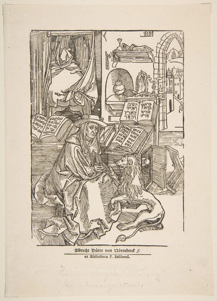 Saint Jerome Extracting a Thorn from the Lion's Foot, 19th century reprint by Albrecht Dürer, print, 1485-1528