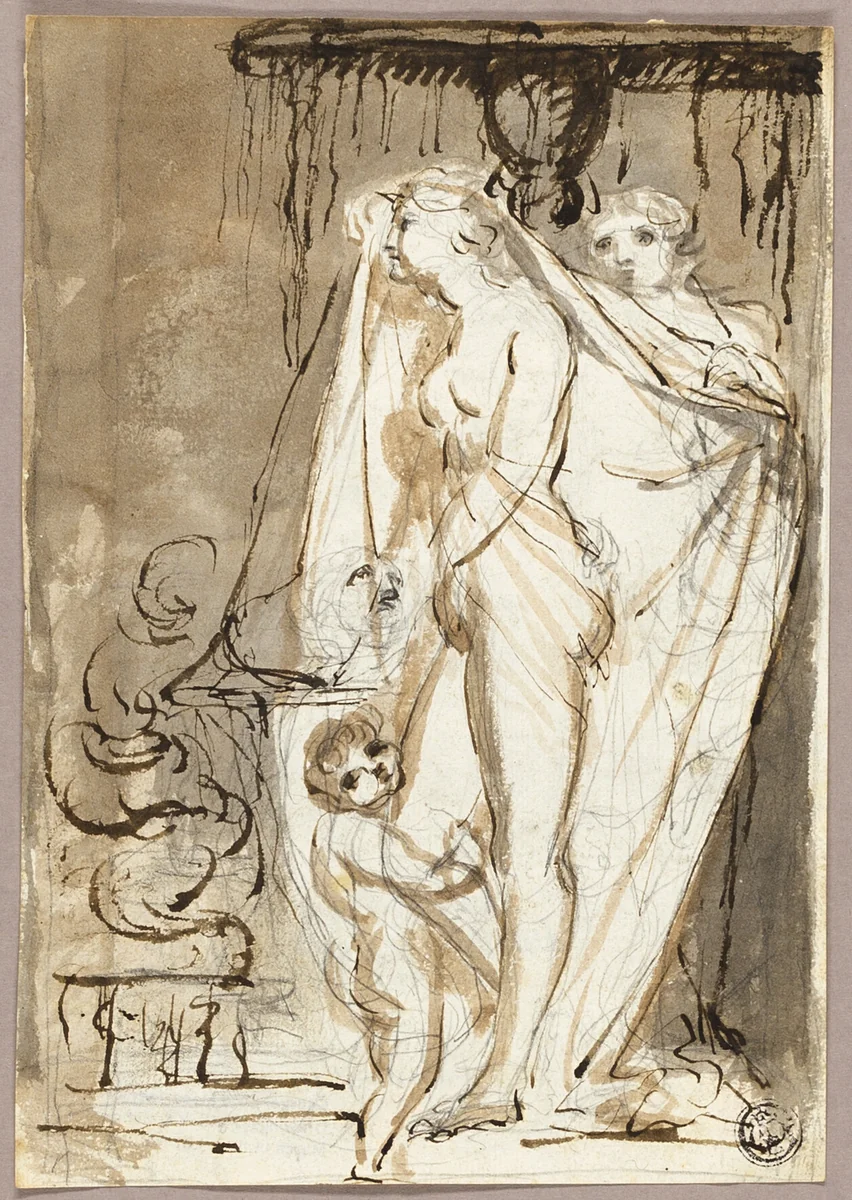 Sculptor Undraping Sculpture of a Nude Woman and Child by James Northcote, drawing, 1766-1831