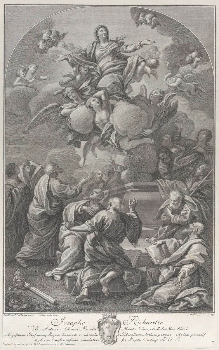 The Assumption of the Virgin, who rises from the tomb surrounded by Apostles by Giovanni Battista Cecchi, print, 1778