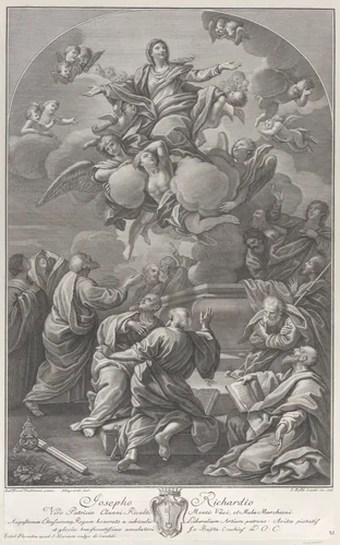 The Assumption of the Virgin, who rises from the tomb surrounded by Apostles by Giovanni Battista Cecchi, print, 1778