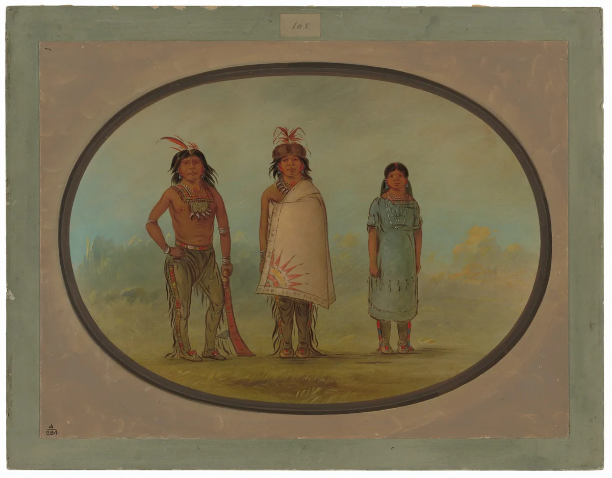 Two Chippewyan Warriors and a Woman by George Catlin, painting, 1855-1869