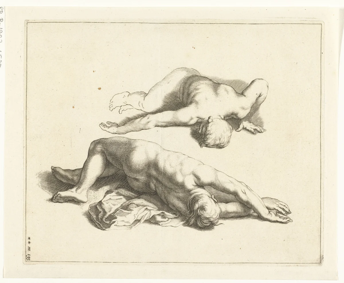 Twee mannelijke naakten by Frederick Bloemaert, print, 1679-1700