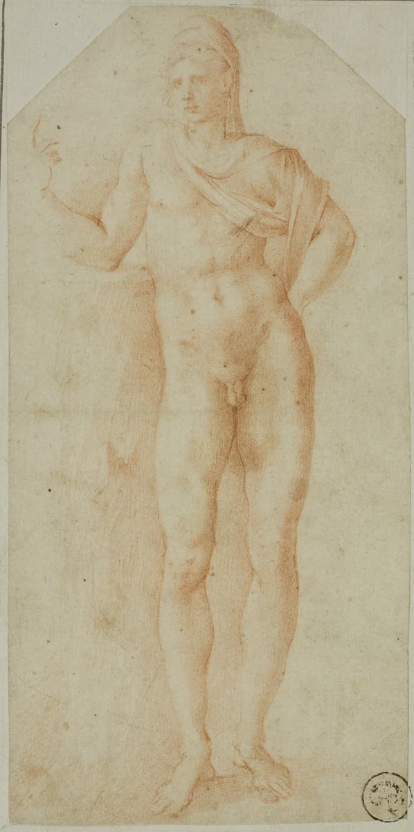 After the Antique: Statue of Paris by Giulio Clovio, drawing, 1518-1599