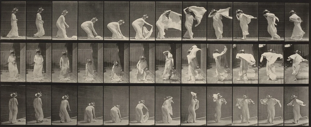 Plate Number 233. Lifting shawl, putting it around shoulders and turning by Eadweard Muybridge, photograph, 1887