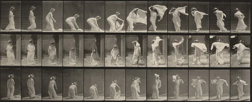 Plate Number 233. Lifting shawl, putting it around shoulders and turning by Eadweard Muybridge, photograph, 1887