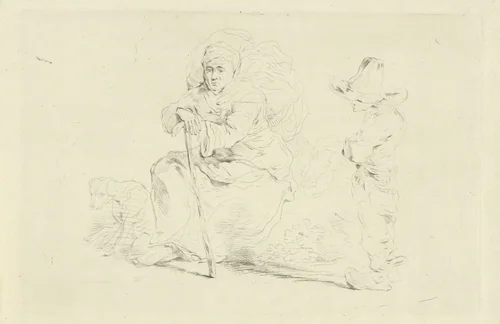 Rustende vrouw leunend op een stok by Jean Zacherie Mazel, print, 1802-1884