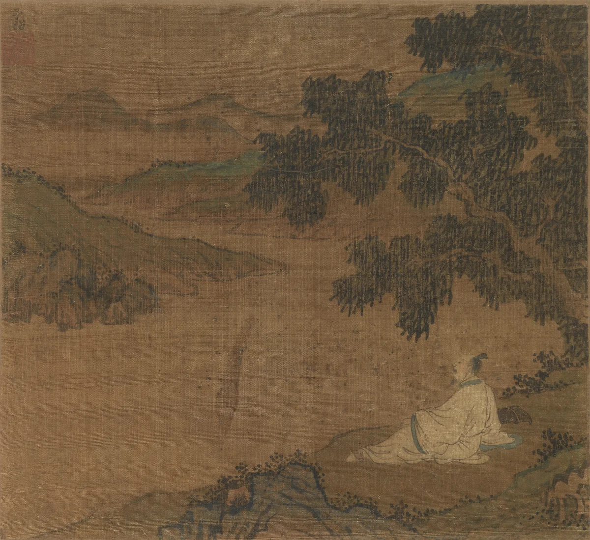 Man on a Hillside under a Tree Overlooking a River by Unknown, painting, 1368-1644