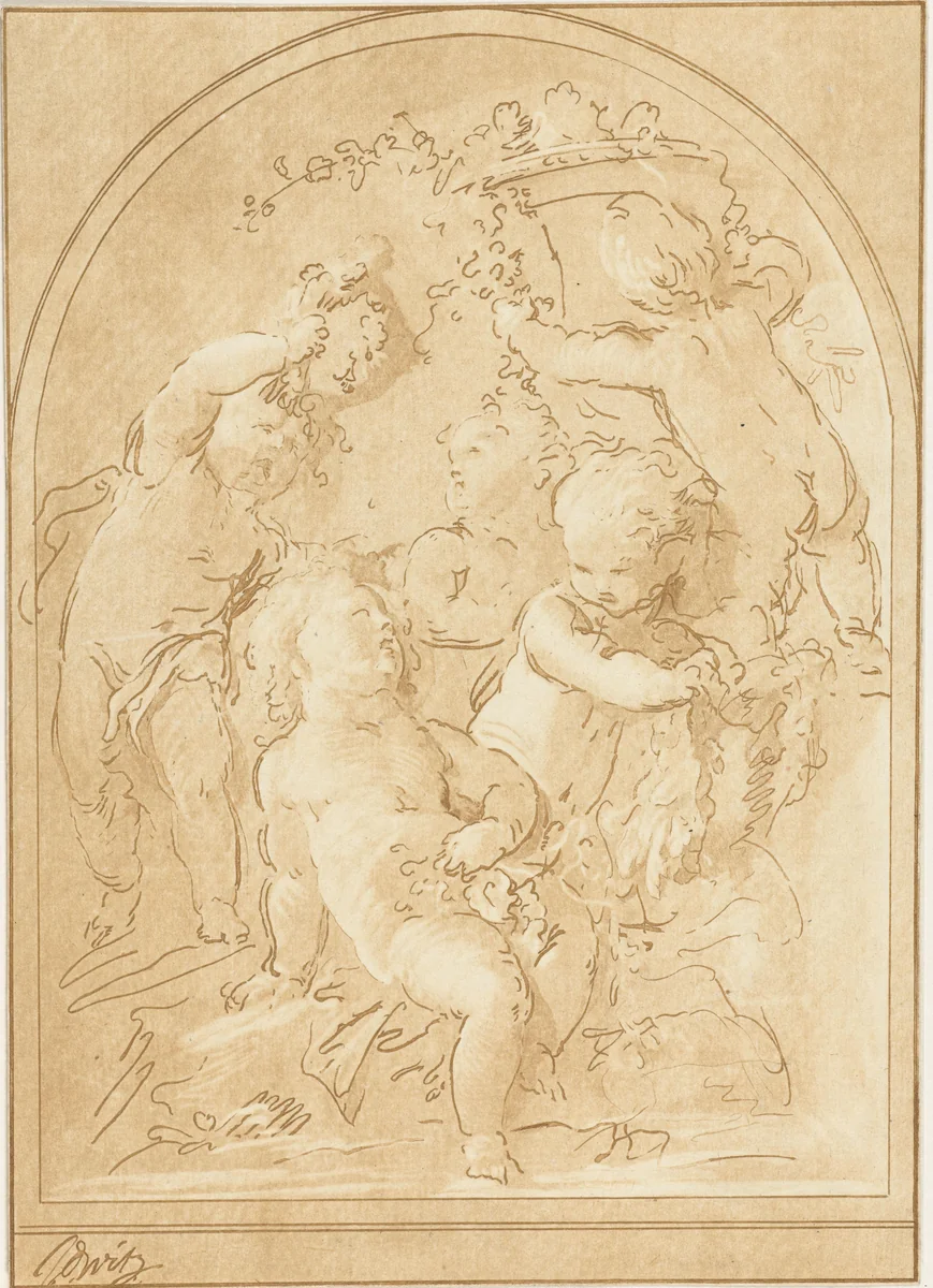 Vijf putti met bloemen en guirlandes bij vaas by Leendert Brasser, print, 1770