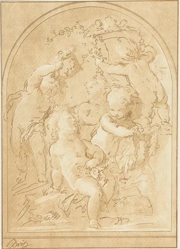 Vijf putti met bloemen en guirlandes bij vaas by Leendert Brasser, print, 1770