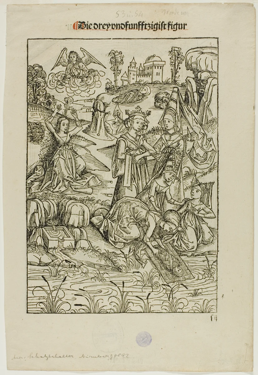 Moses Found by Pharaoh's Daughter (recto) and Judas's Betrayal (verso), pages 53 and 54, from the Treasury (Schatzbehalter) by Michael Wolgemut, print, 1491