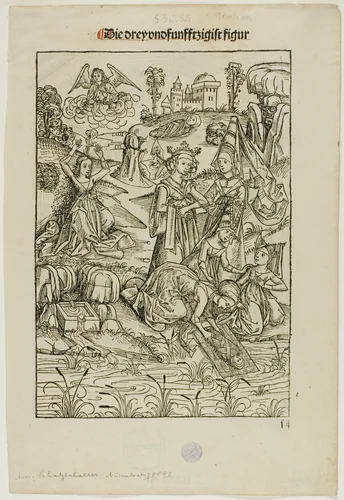 Moses Found by Pharaoh's Daughter (recto) and Judas's Betrayal (verso), pages 53 and 54, from the Treasury (Schatzbehalter) by Michael Wolgemut, print, 1491