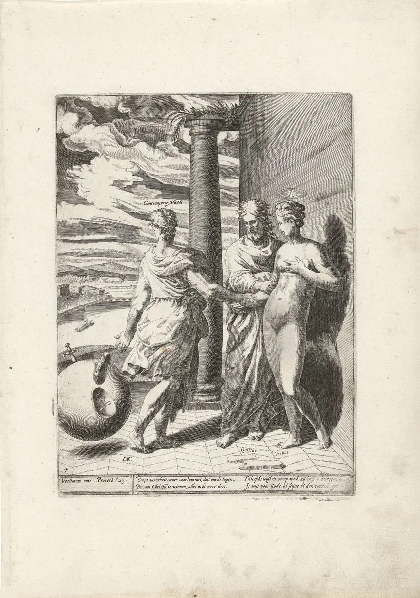 Verachting van 's werelds bedrog leidt naar Waarheid en Christus by Unknown, print, 1566-1578