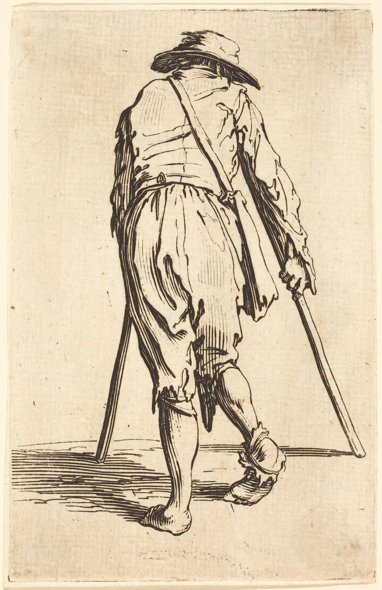 Beggar with Crutches and Hat, Back View by Jacques Callot, print, 1622