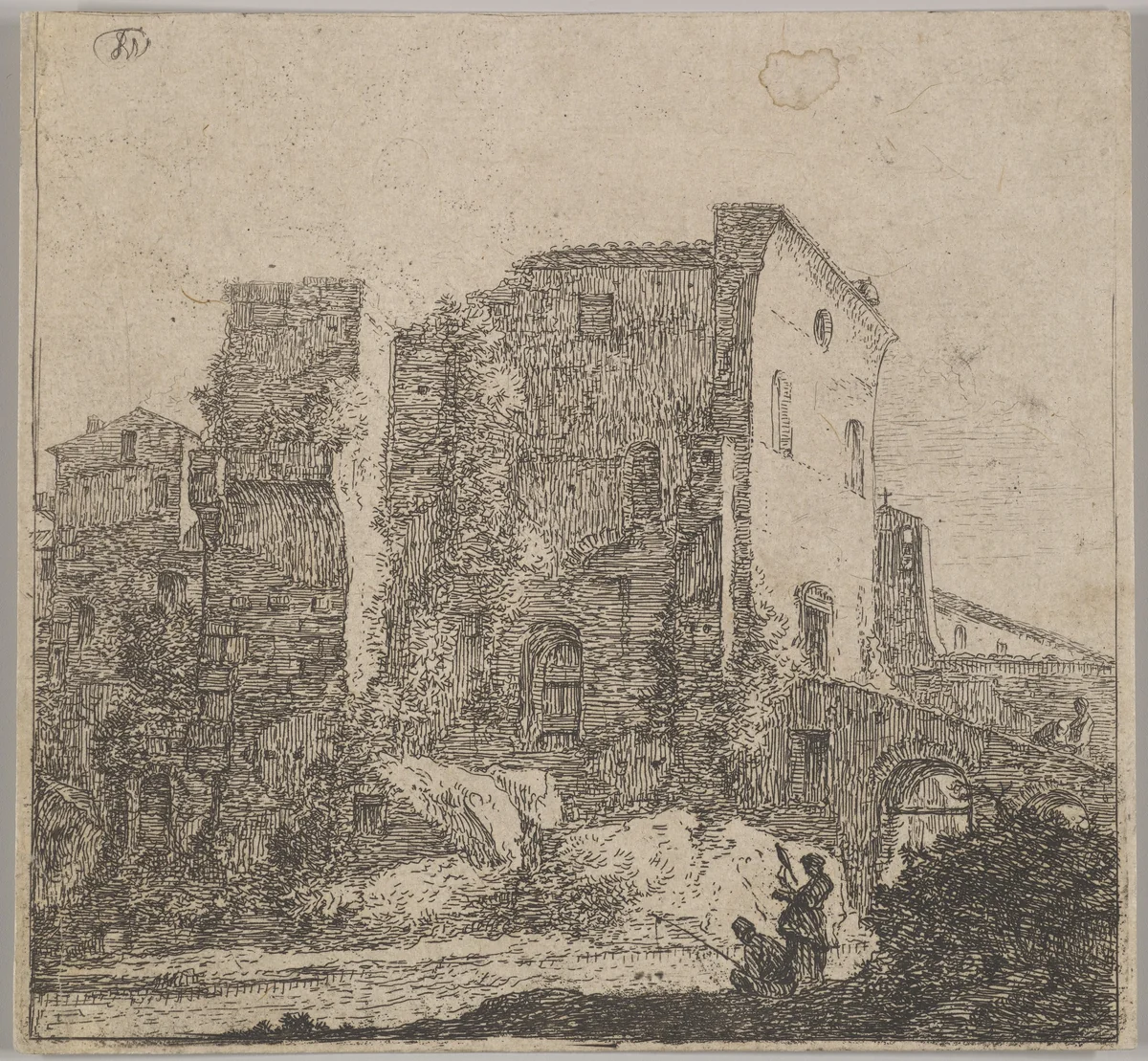 A Woman Spinning and a Fisherman by Thomas Wijck, print, 1610-1677