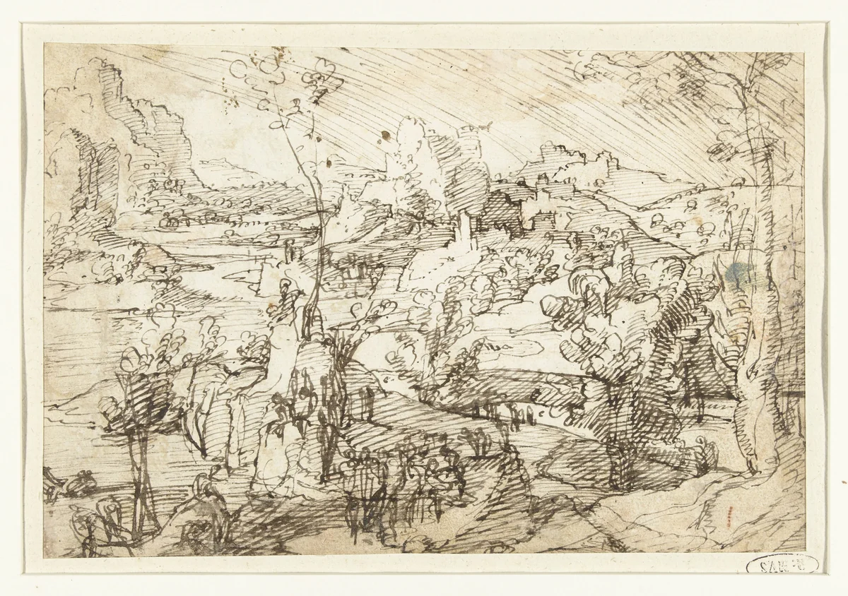 Landschap met rotsen, figuren en een zeilschip by Unknown, drawing, 1505-1562